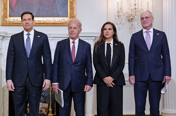 From left, Secretary of State Marco Rubio, U.S. Ambassador to Lebanon Michel Issa, Lebanese Ambassador to the U.S. Nada Hamadeh Moawad, and Israeli Ambassador to the U.S. Yechiel Leiter in Washington, D.C.