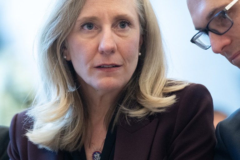 Virginia Governor-elect Abigail Spanberger attends a dedication and unveiling of a statue of civil rights activist Barbara Rose Johns of Virginia, in Emancipation Hall on Capitol Hill in Washington, DC, December 16, 2025. In 1951, a 16-year-old Johns, led a walkout at her segregated high school, and now her statue replaces one of confederal General Robert E. Lee, which was removed from the Capitol in 2020. (Photo by SAUL LOEB / AFP via Getty Images)