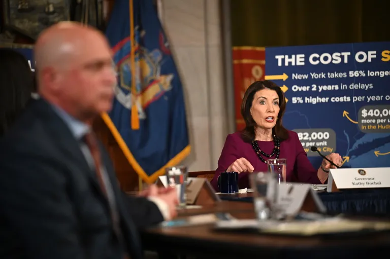 ALBANY, TEXAS - MARCH 23: Stephen Acquario, executive director, New York State Association of Counties, left, joins Gov. Kathy Hochul or a roundtable discussion with local government leaders on housing development on Monday, March 23, 2026, at the Capitol in Albany, N.Y. (Will Waldron/Albany Times Union via Getty Images)