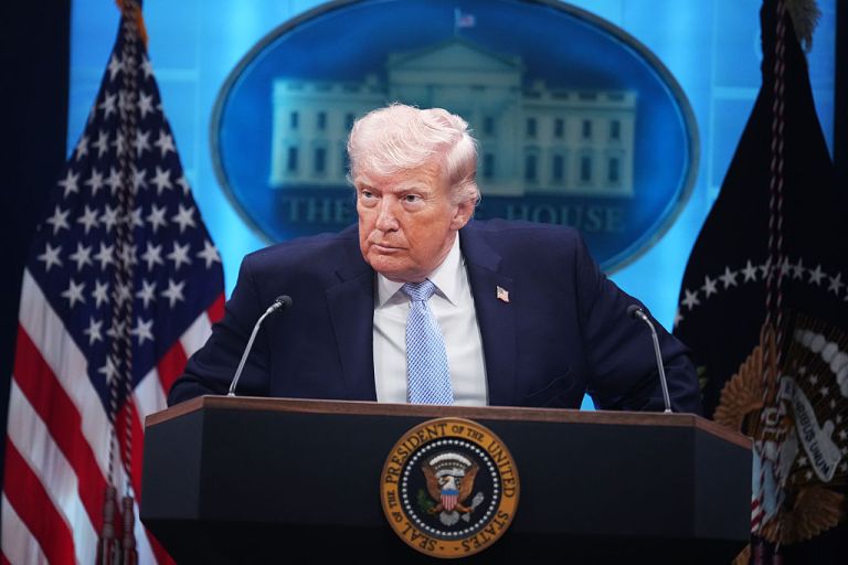 President Donald Trump conducts a news conference in the White House briefing room about the war in Iran on Monday, April 6, 2026. (Tom Williams/CQ-Roll Call, Inc via Getty Images)