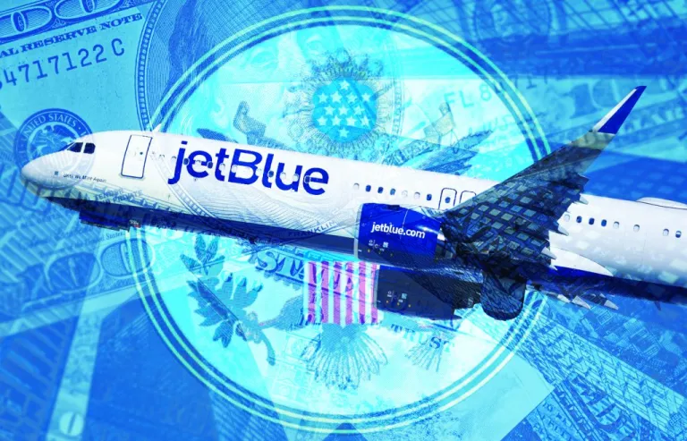JetBlue plane flies through a hollow federal government logo / seal. Government airlines air travel infrastructure
