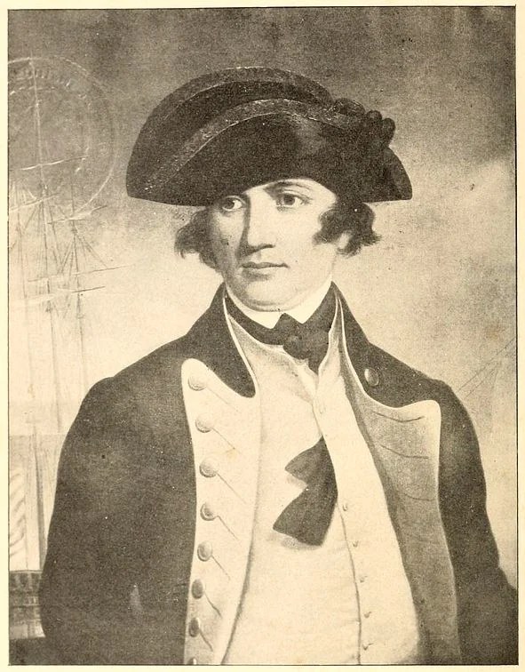 Continental Commodore Esek Hopkins has arrived in New London Harbor with his fleet and captured prizes. He urges Washington to send him 200 seamen to help man his ships. (public domain.)