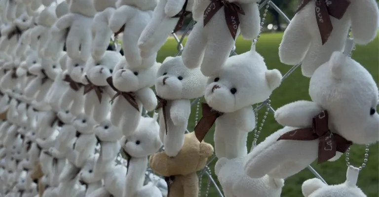 Close up of white teddy bears on 20,000 teddy bear installation on national mall.