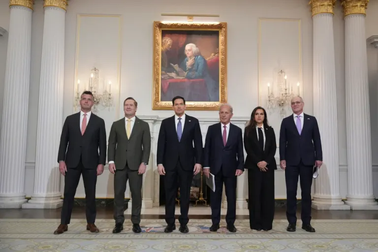 From left, Michael Needham, counselor for the U.S. Dept. of State, U.S. Ambassador to the United Nations Mike Waltz, Secretary of State Marco Rubio, U.S. Ambassador to Lebanon Michel Issa, Lebanese Ambassador to the U.S. Nada Hamadeh Moawad, and Israeli Ambassador to the U.S. Yechiel Leiter.