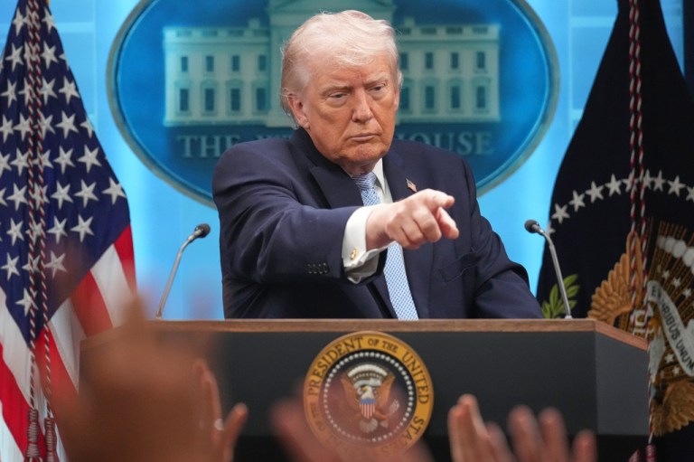 President Donald Trump speaks with reporters during a news conference in the James Brady Press Briefing Room at the White House.