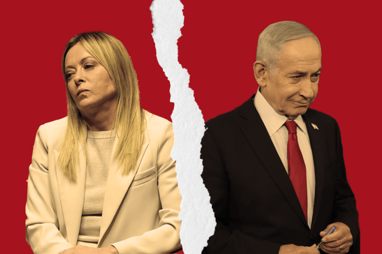 Italian Prime Minister Giorgia Meloni and Prime Minister Benjamin Netanyahu split in the middle by a torn paper border