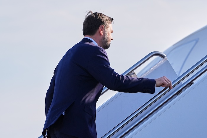 Vice President JD Vance boards Air Force Two, Friday, April 10, 2026, at Joint Base Andrews, Md., for expected departure to Pakistan, for talks on Iran.