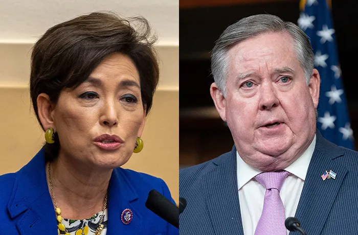 Rep. Young Kim (R-CA) and Rep. Ken Calvert (R-CA) are both running for the Republican spot in California’s June 2 all-party primary for the newly-fashioned 40th Congressional District. Whether it’s Young or Calvert, they’re favored to win in the November ballot against a democratic candidate. (Ken Cedeno/Pool via AP; Jose Luis Magana/AP)