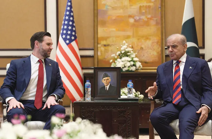 Vice President JD Vance meets with Pakistani Prime Minister Shehbaz Sharif.
