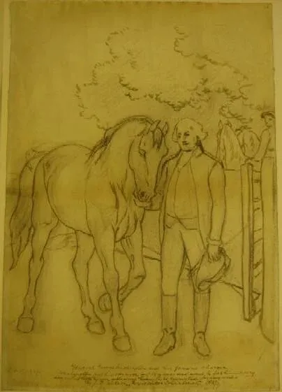 Sketch of Washington and his horse Charger as the general marches from Cambridge to New York (Photo courtesy of Mount Vernon.)