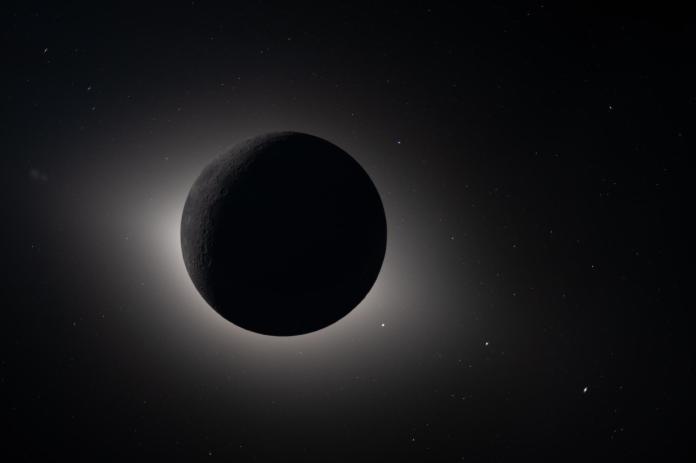 In this image provided by NASA, The Artemis II crew captured from lunar orbit, the Moon eclipses the Sun on Monday, April 6, 2026. (NASA via AP)