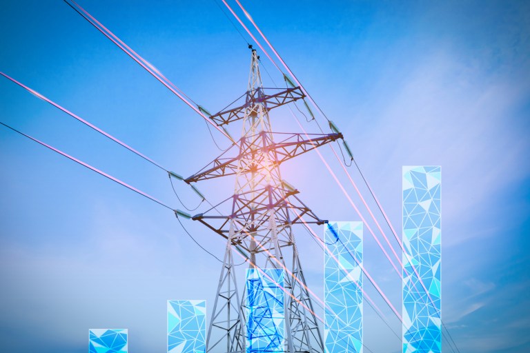 A power line and an ascending graph in a low-poly style against the sky.