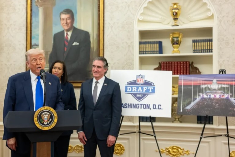 NFL Commissioner Roger Goodell presents a mockup of the 2027 NFL Draft stage on the National Mall in Washington, D.C. to President Donald Trump, Mayor Muriel Bowser, and Washington Commanders owner Josh Harris.