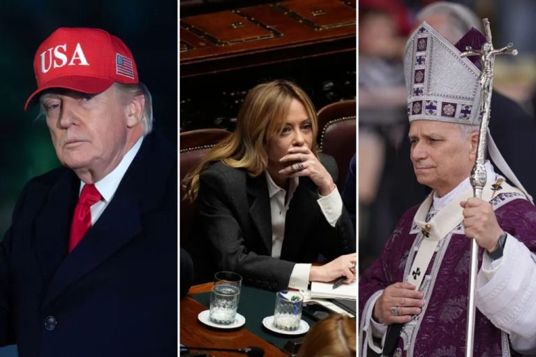 Collage of President Donald Trump, Italian Prime Minister Giorgia Meloni, and Pope Leo XIV.